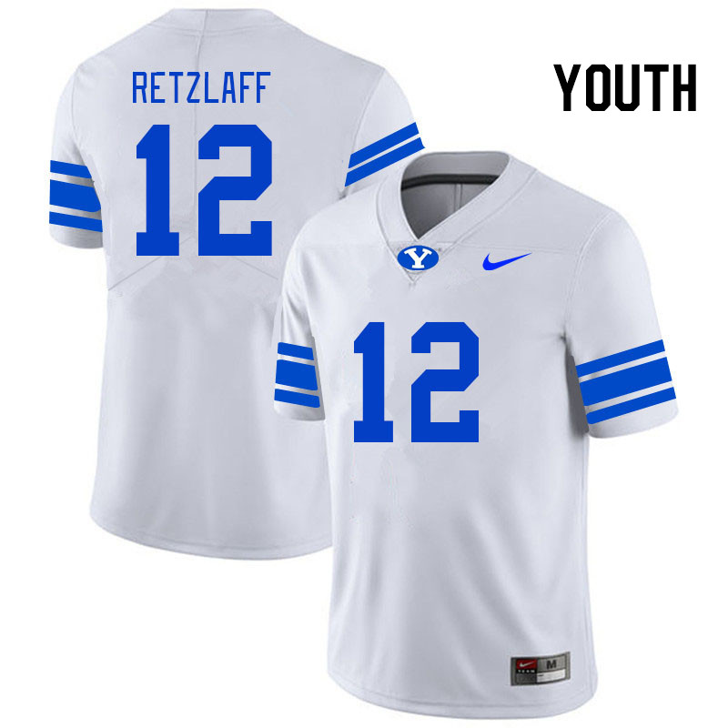 Youth #12 Jake Retzlaff BYU Cougars College Football Jerseys Stitched-White - Click Image to Close